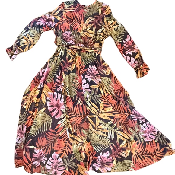 Sheer Tropical Leaf Print Long flutter Sleeve Wrap Maxi Dress autumn botanical - Picture 5 of 8